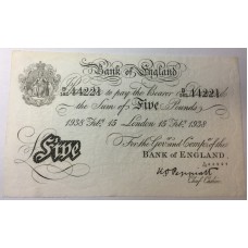 GREAT BRITAIN UK ENGLAND 1938 . FIVE 5 POUNDS BANKNOTE . SIGNED: PEPPIATT